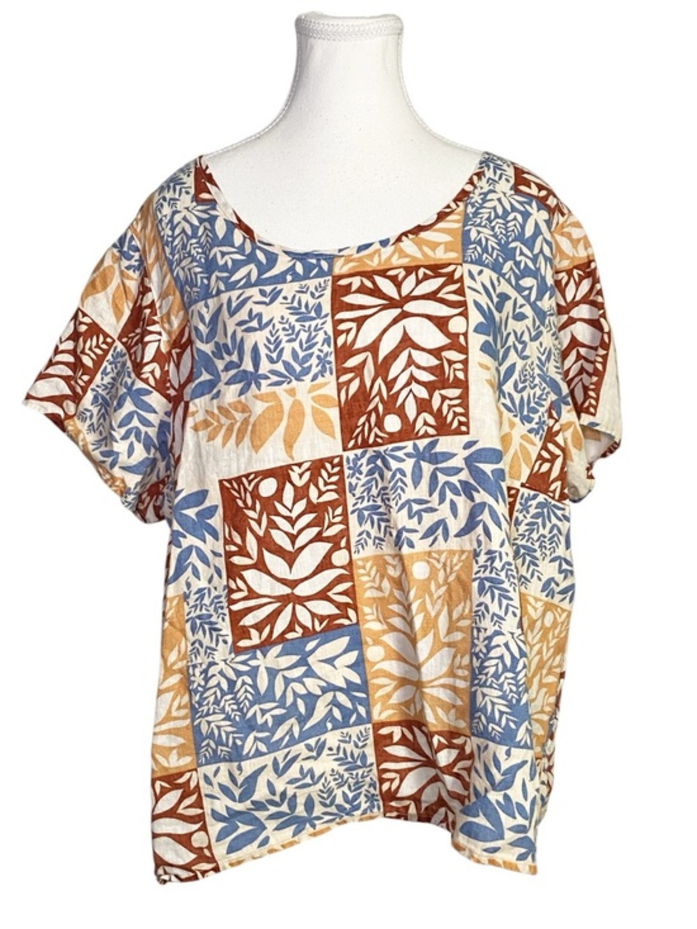 Sigrid Olsen 100% Linen Patchwork Block Print Floral Boho Top